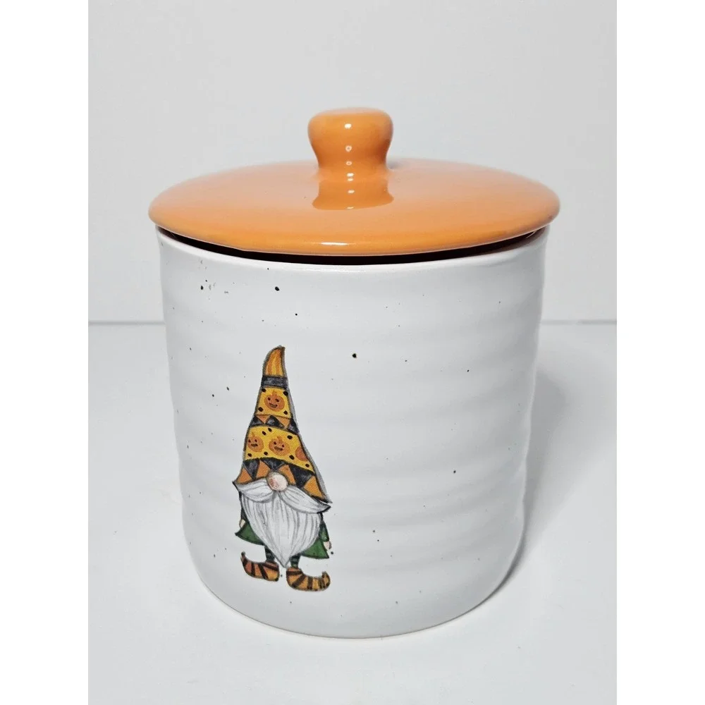 Cobwebs And Cauldrons Halloween Gnome Pumpkin Ceramic Canister Cookie Jar Orange